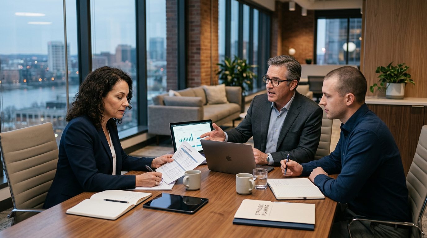 Two business partners reviewing documents at a desk in an office.
