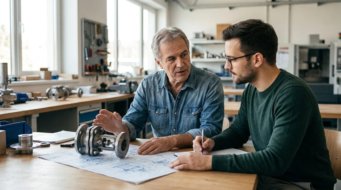 Dos colegas revisan juntos especificaciones técnicas en una mesa de trabajo de un pequeño taller familiar.
