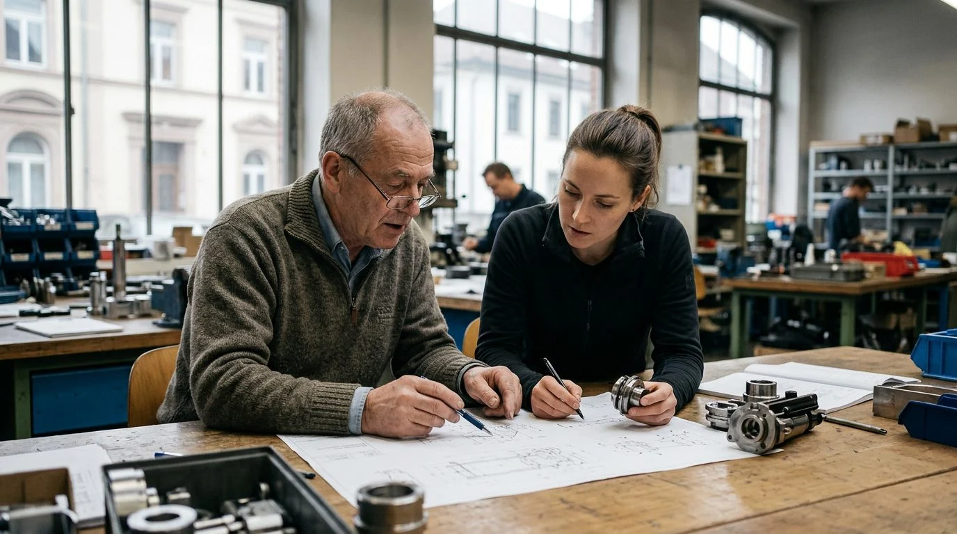 Dos personas revisan juntas planos técnicos sobre un banco de trabajo en el taller de una empresa familiar.