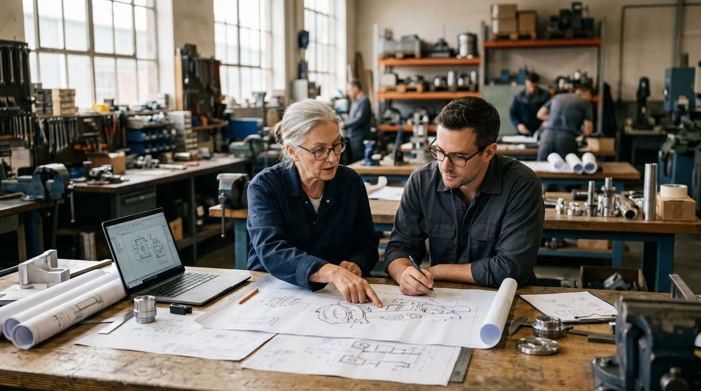 Dos personas, una mayor y otra joven, revisan planos técnicos juntas en un banco de trabajo de un pequeño taller familiar.
