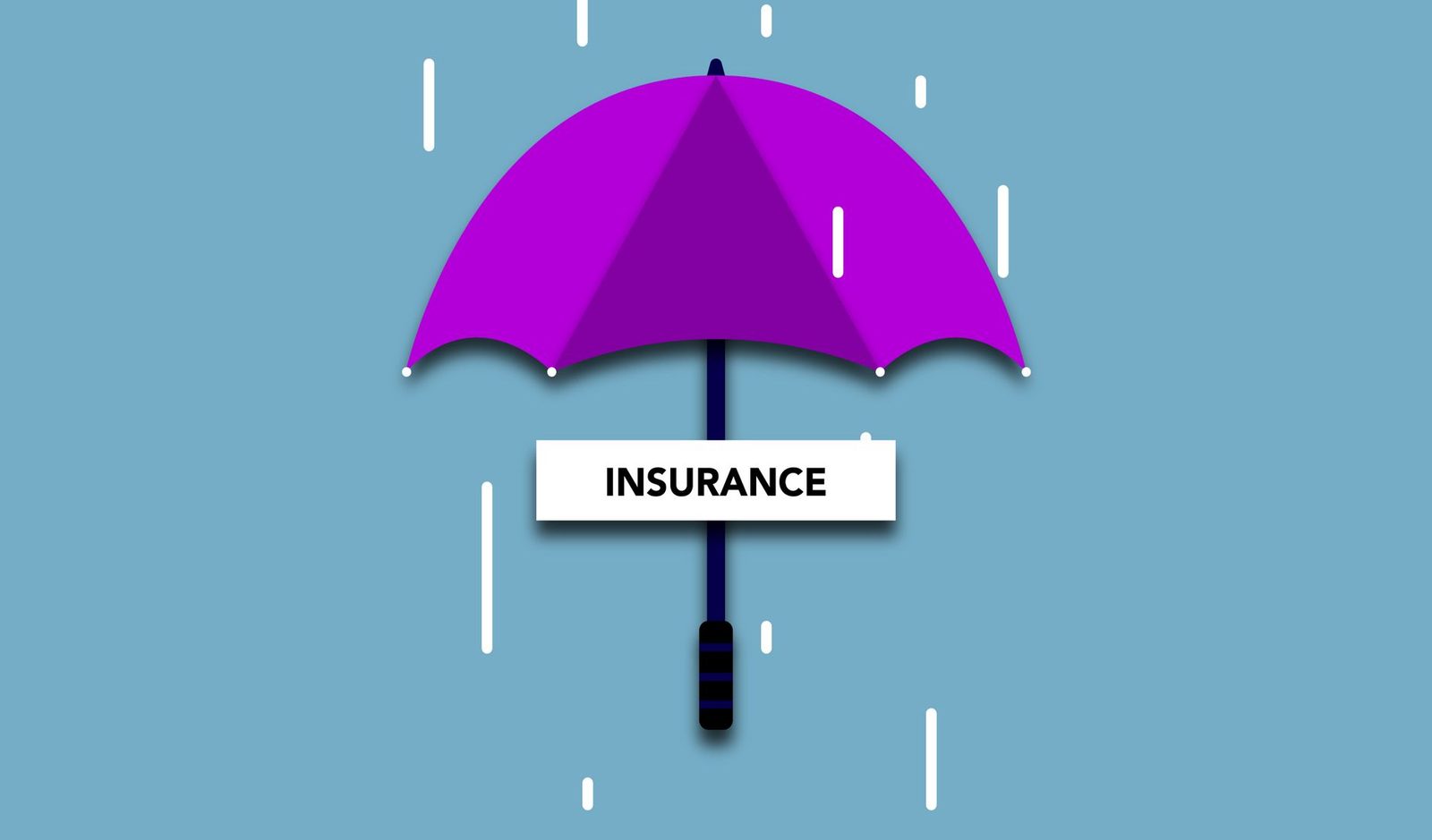 Umbrella sheltering an insurance signboard in the rain on blue background.