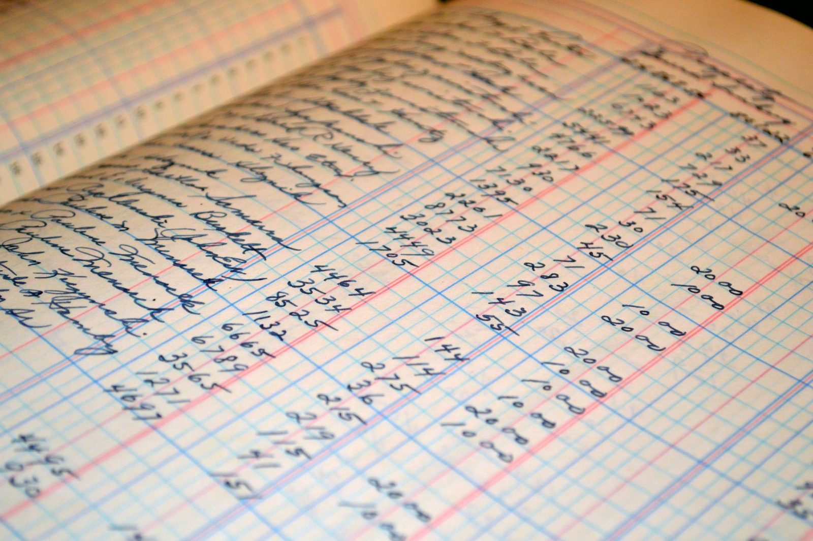 Vintage handwritten financial ledger with account records and entries.
