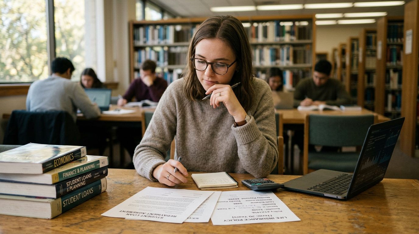 Young professional reviewing term life insurance and student loan documents at desk